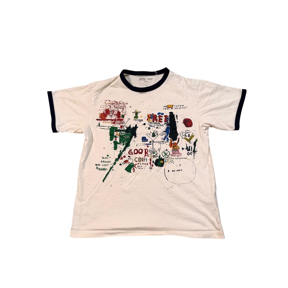 Uniqlo Kids Jean-Michel Basquiat Ringer T-Shirt Cream Navy Blue Size 11-12 Art